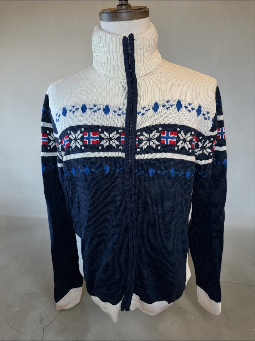 Nebulus Nordic Fair Isle Sweater Jacket Full Zip Norway Flag Men’s XL Ski